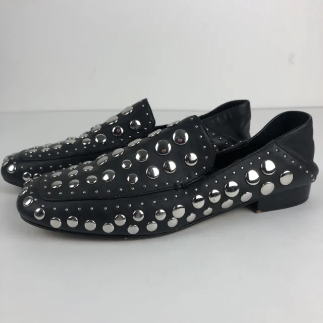 1. State Flintia Womens Silver Studded Black Leather Loafers Size 36.5/ US 6.5