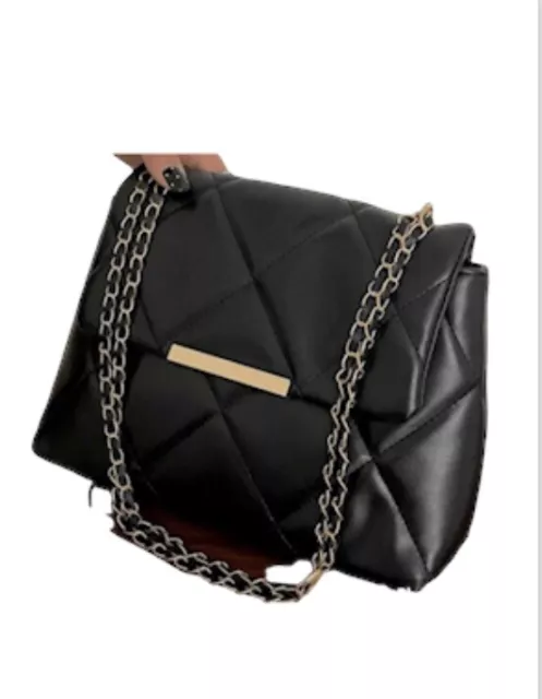 Black Quilted Chain Strap Square Bag With Push Lock Closure