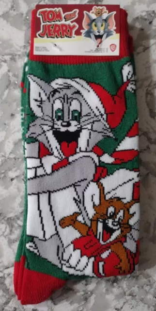 TOM AND JERRY CHRISTMAS CREW SOCKS - Santa Tom -  Fits Mens SHOE SIZE 6 -12