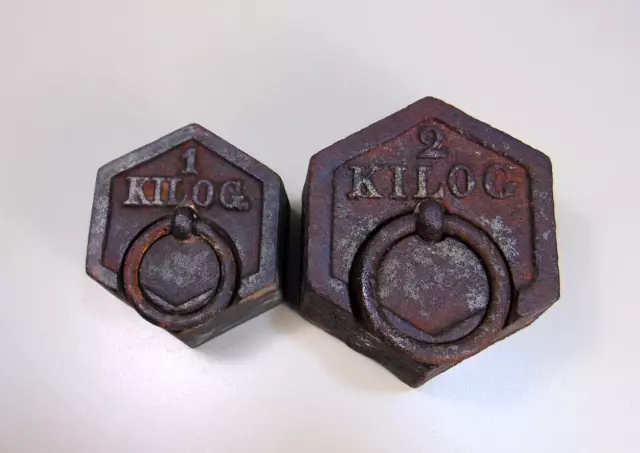 Antique French Chappee Hexagonal Iron Balance Beam Weights 1 Kilog. & 2 Kilog.