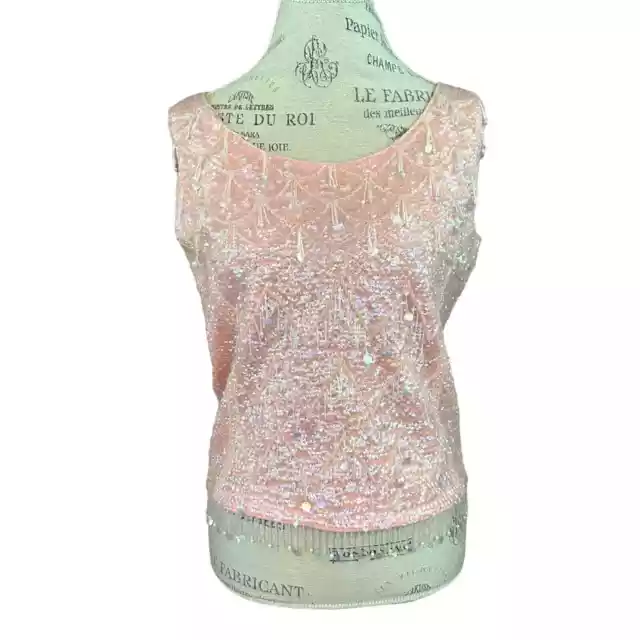 Vintage 1950s beaded teardrop light pink sleeveless wool top from Hartley’s sz M