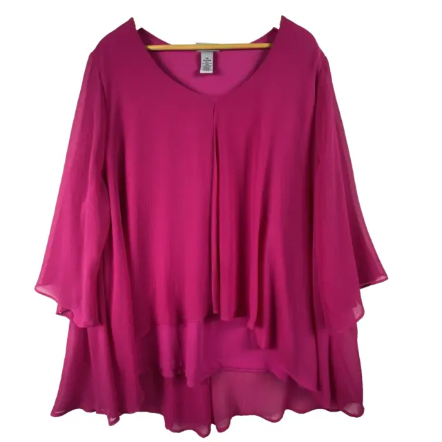 Catherines Women's Sz 2X (22-24W) Pink Tunic Blouse Top Sheer Overlay 3/4 Sleeve
