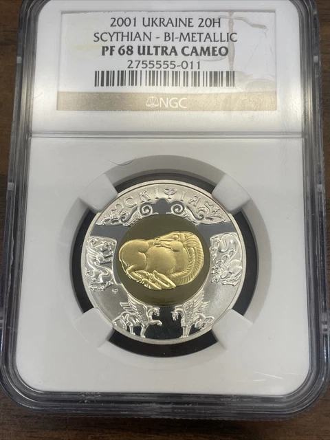 Gold Silver Bimetallic  20 Hrywnja 2001 Skythien Proof Ukraine NGC PF68￼ .19 AGW