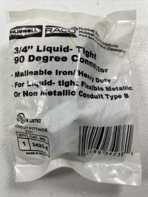 🔥 Raco Incorporated 3423-8 • 90 Degree Liquid-Tight Conduct Connector • 3/4”