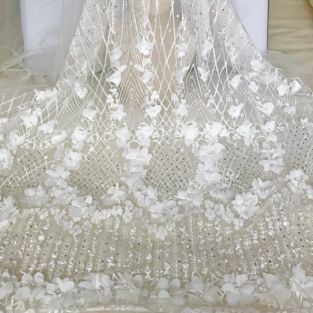 Ivory Beaded Lace Fabric by Yard 3D Flower Embroidery Wedding Dress Lace Tulle