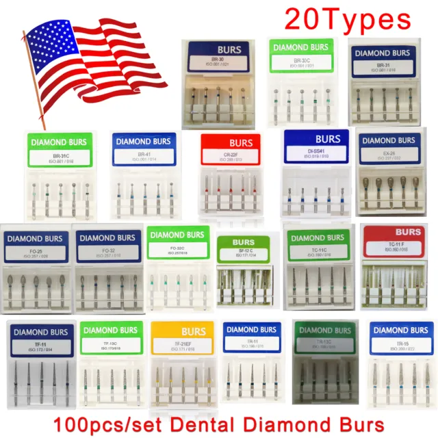 100 Dental Diamond Burs For High Speed Handpiece Medium FG 1.6mm FINE GRIT XL
