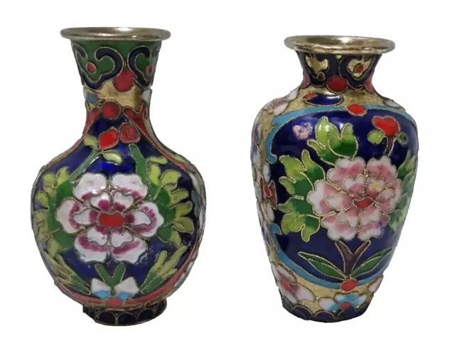 2 x Vintage Miniature 10cm/4" Chinese Cloisonne Vase - Blue/Pink - Circa 1950's