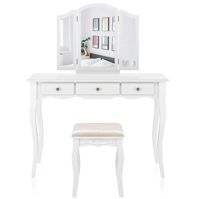 Set tavolo da toeletta bianco trucco vanità, specchio tripieghevole rimovibile