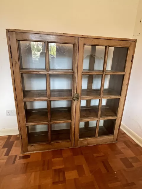 Antique Pine Glazed 2 Door Cabinet Bookcase 4 Shelves