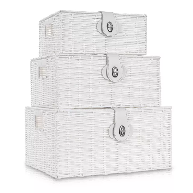 SET OF 3 Storage Baskets Resin Wicker Woven Hamper Box Lid & Lock Stackable UK