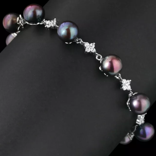 Natural 8Mm Tahitian Freshwater Pearl & White Cz Sterling Silver 925 Bracelet