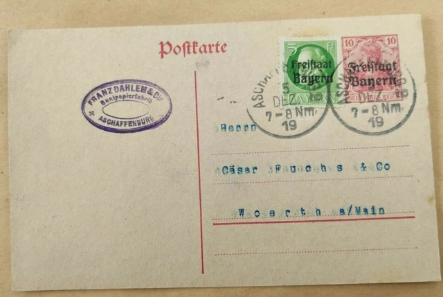 Postkarte Ganzsache Deutsches Reich Freistaat Bayern 1919 gestempelt