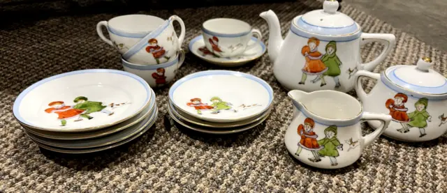 Tea Set Hand Painted Nippon Japan 16 Pc Sugar Creamer Dog Boy Girl Blue