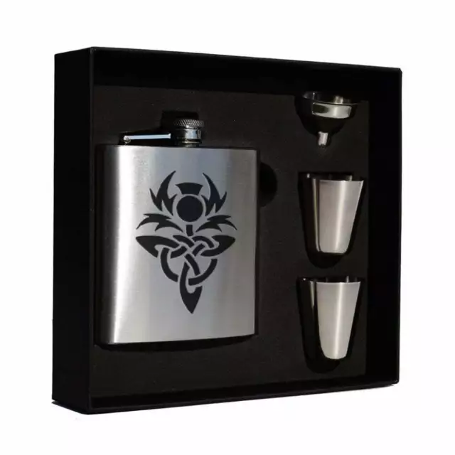 Art Pewter Thistle engraved 6oz Hip Flask Box Set (s) HF6 S-TH Scottish