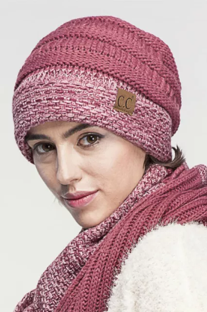 C.C Exclusive Women's Two Tone Color Cable Knit Ribbed Soft Beanie Hat with Cuff 2