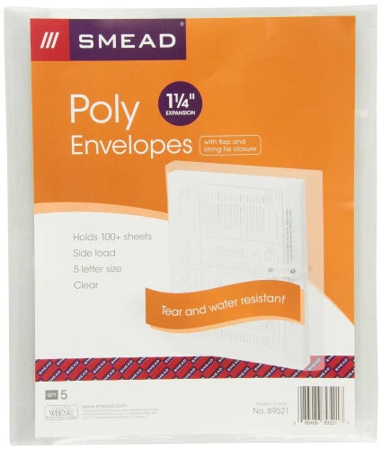(CLEAR) - Smead Poly Envelope, 2.5cm - 0.6cm Expansion, String-Tie Closure,
