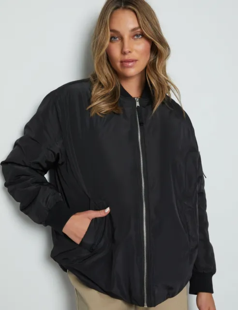 ROCKMANS - Womens Long Jacket - Black Winter Coat - Relaxed Bomber - Casual