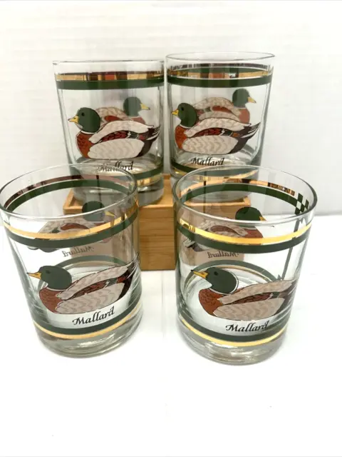 VTG Mallard Duck Drinking Glasses Libby Low Ball Gold Accent Set Of 4