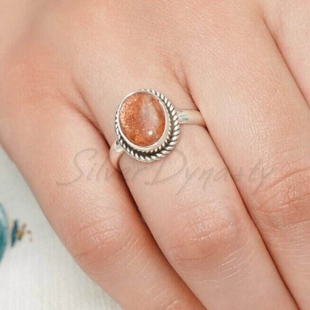 925 Solid Sterling Silver Sunstone Handmade Gemstone Twisted Wire Designer Ring