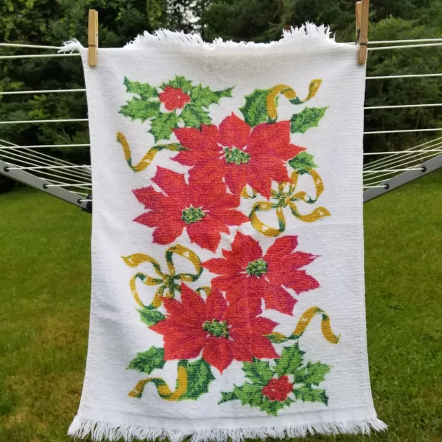 Vtg Christmas Kitchen Tea Towel Terry Cloth Poinsettia Fringes 15” X 22”