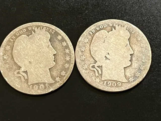 Lot Of 2 Barber Silver Quarters 1901 And 1909.  Please See Pictures.