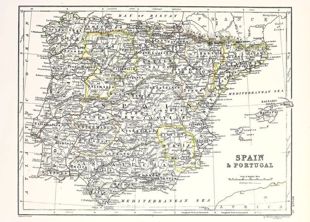 Ancient Antique Map Spain & Portugal Travel Print Poster Wall Art Picture A3 A4