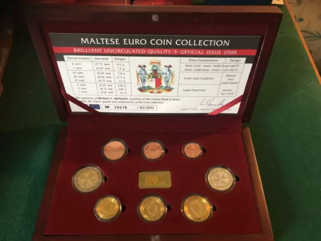 A Rare 2008 Central Bank of Malta BUNC 8 Coin Euro Collection Set in Hard Case