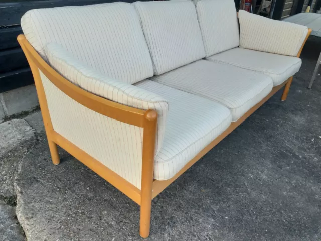 Vintage Retro antique Danish mid-century 3 seater sofa couch stripy wool beech 2