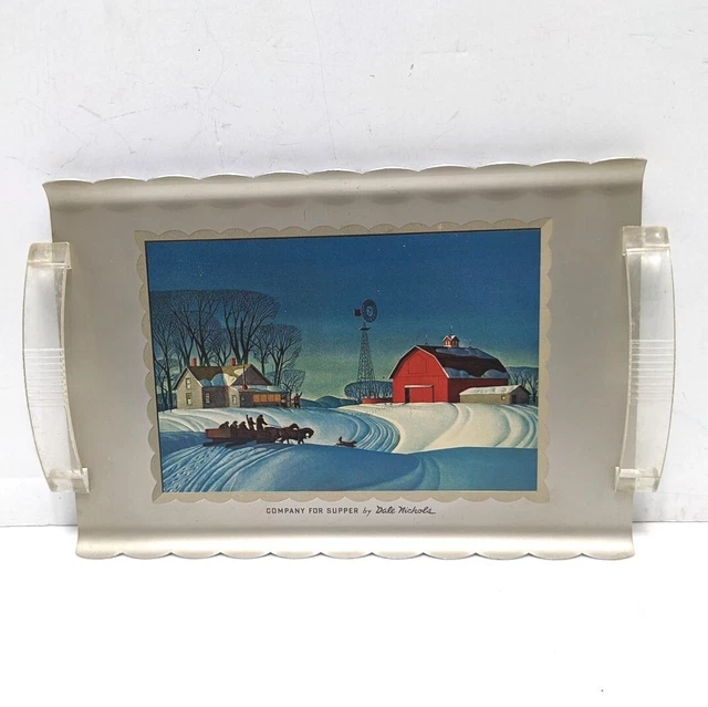 Vtg Dale Nichols Winter Landscape Company for Supper Serving Tray Lucite Handles