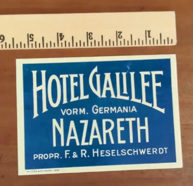 Antique Circa 1920 Hotel GALILEE GERMANIA NAZ travel luggage sticker label 4"x5"