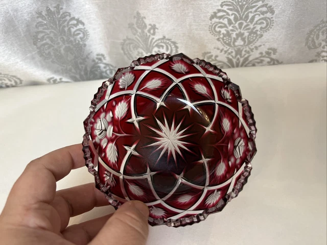 Bohemian Glass  Ruby Red Cut to Clear Crystal Nuts Candy Bowl Dish small (g4)