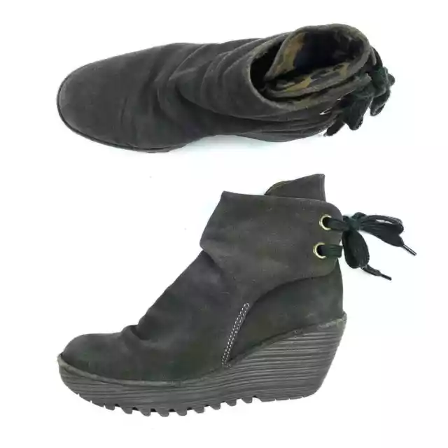 Fly London Womens Boots EUR 37 Gray Suede Leather Lace Up Ankle Wedge Booties