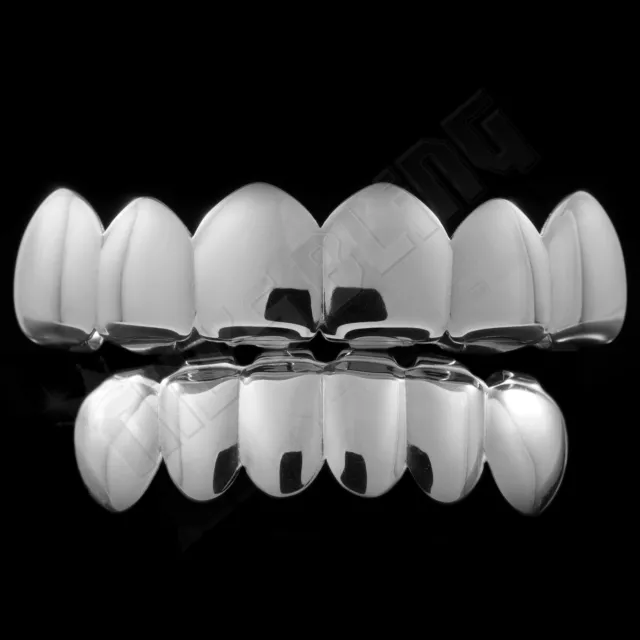 18K White Gold IP Plated GRILLZ Top & Bottom STAINLESS STEEL Teeth Hip Hop Grill
