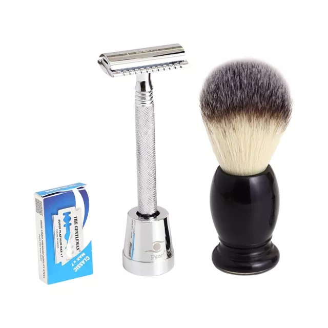 Kit tradicional de afeitar de seguridad de peine cerrado de doble filo con soporte y cepillo de afeitar