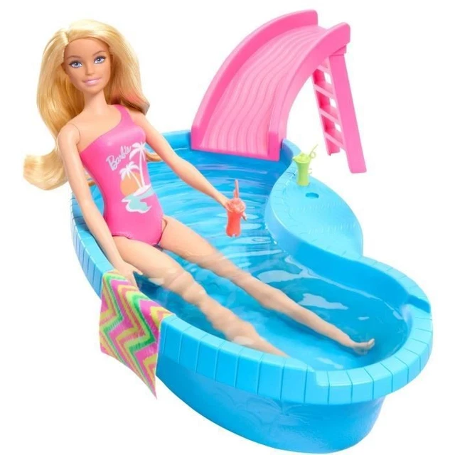 Barbie Piscine Tropicale – Coffret Avec Poupée Blonde, Maillot Rose, Toboggan, Serviette Et Boissons – Dès 3 Ans