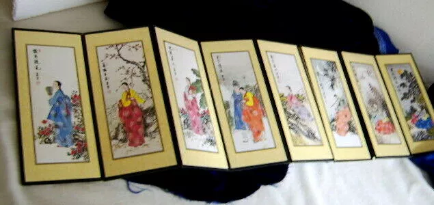 Vintage Korean Custom Painting Eight-Panel Folding Screen - Korean Women/Sayings