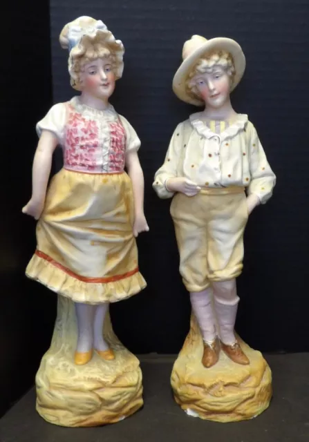 Antique French Bisque Porcelain Figures Statues of Young Man and Woman  12"