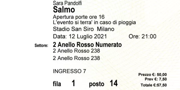 MILANO (SAN SIRO) 2 Biglietti secondo anello rosso Salmo  06-07-22