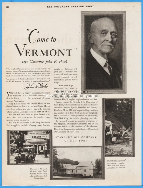 1929 Standard Oil Co Socony Gas Station Plymouth Vermont Governor John Weeks Ad