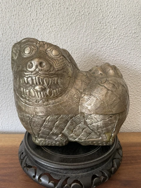 Antique Foo Dog Cambodian Khmer Silver Alloy Betel Nut Box