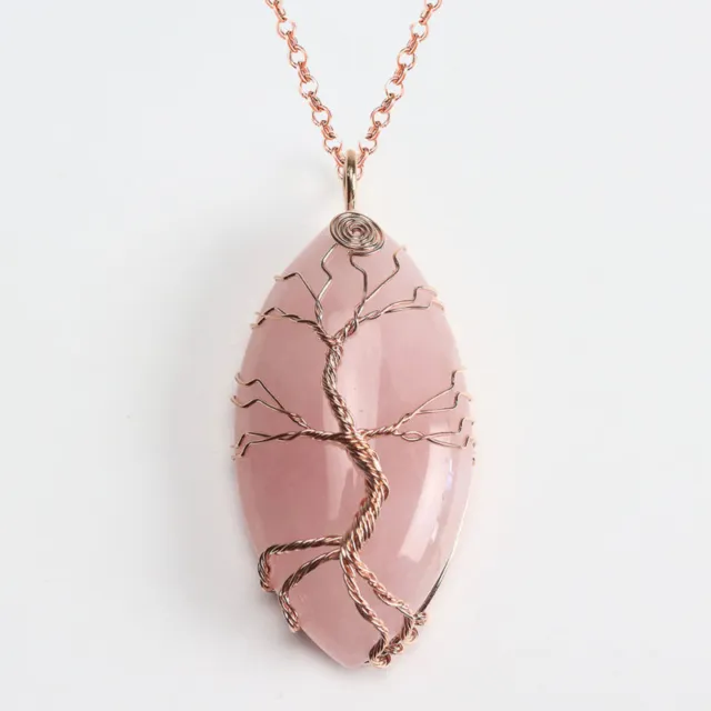 Rose Gold Plated Wire Wrap Tree of Life Natural Gemstone Reiki Pendant Necklace