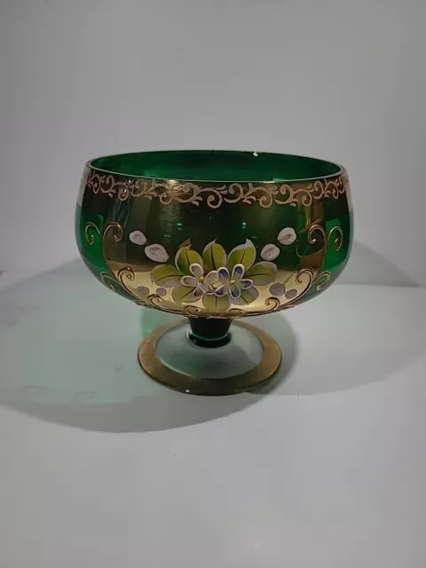Vintage Venetian Czech Green & Gold Hand Painted Glass Pedistal Bowl Bohemian