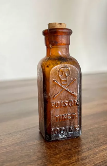 Antique 1890's Tincture Of Iodine Amber Poison Bottle w Skull And Crossbones 3"