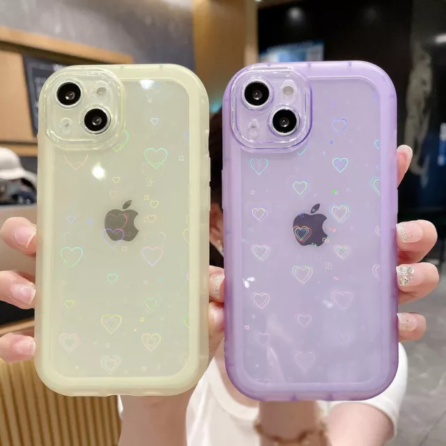 For iPhone 14 13 Pro Max 11 12 XR 8 Laser Love Heart Soft Clear Matte Case Cover