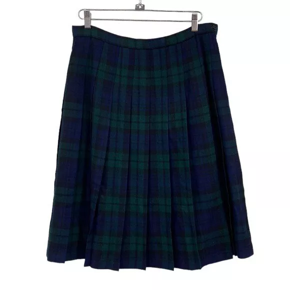 VTG Pitlochry Knitwear Kilt Skirt Womens Size 18 Blue Green Pleated Tartan Plaid