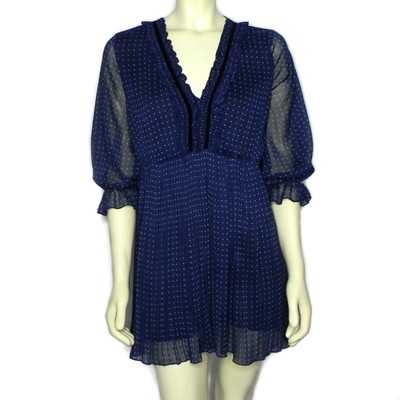 Zara Basic Womens S Mini Party Dress Navy Blue Polka Dot Pleated Skirt Ruffles