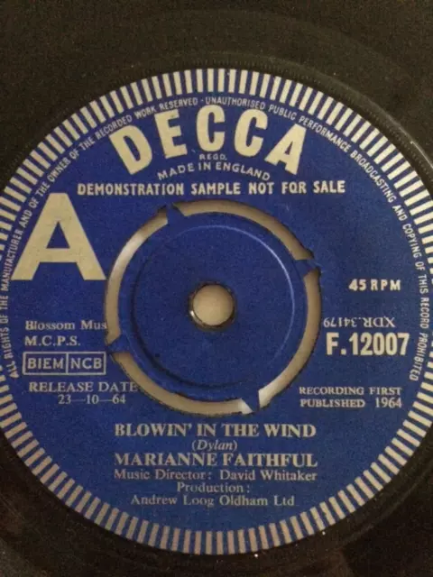 Marriane Faithfull,DEMO,Blowin In The Wind,EX,Decca,1964,Bob Dylan