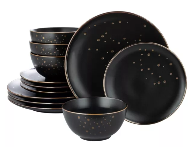 12pc Dinner Set Deep Round Crockery Stoneware Soup Dessert Plate Tableware Black