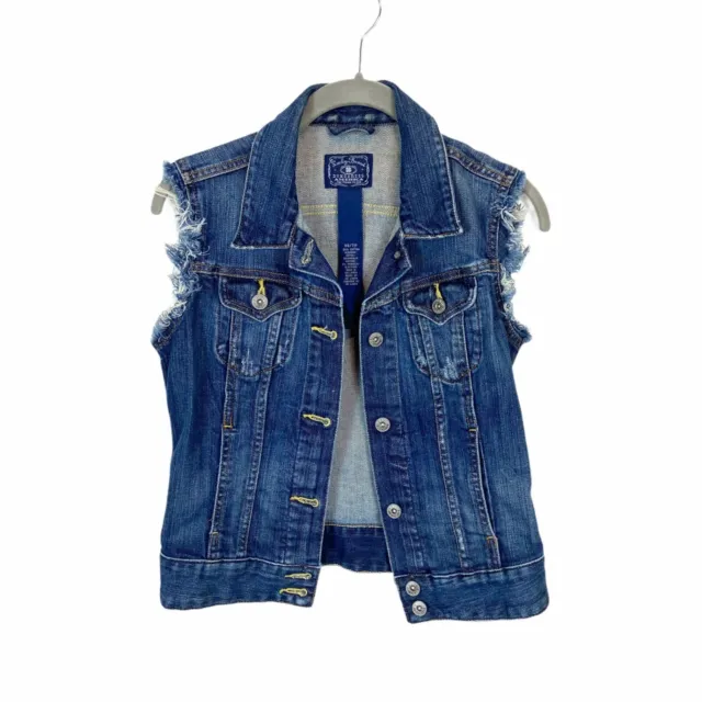Lucky Brand Denim Vest Jacket Womens Blue Distressed Fray Arm Hole Size Small