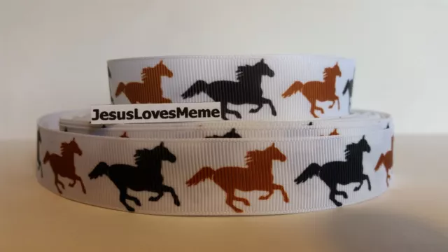 Grosgrain Ribbon, Black & Gold Running Horses, Equines Pony Horse Western, 7/8"